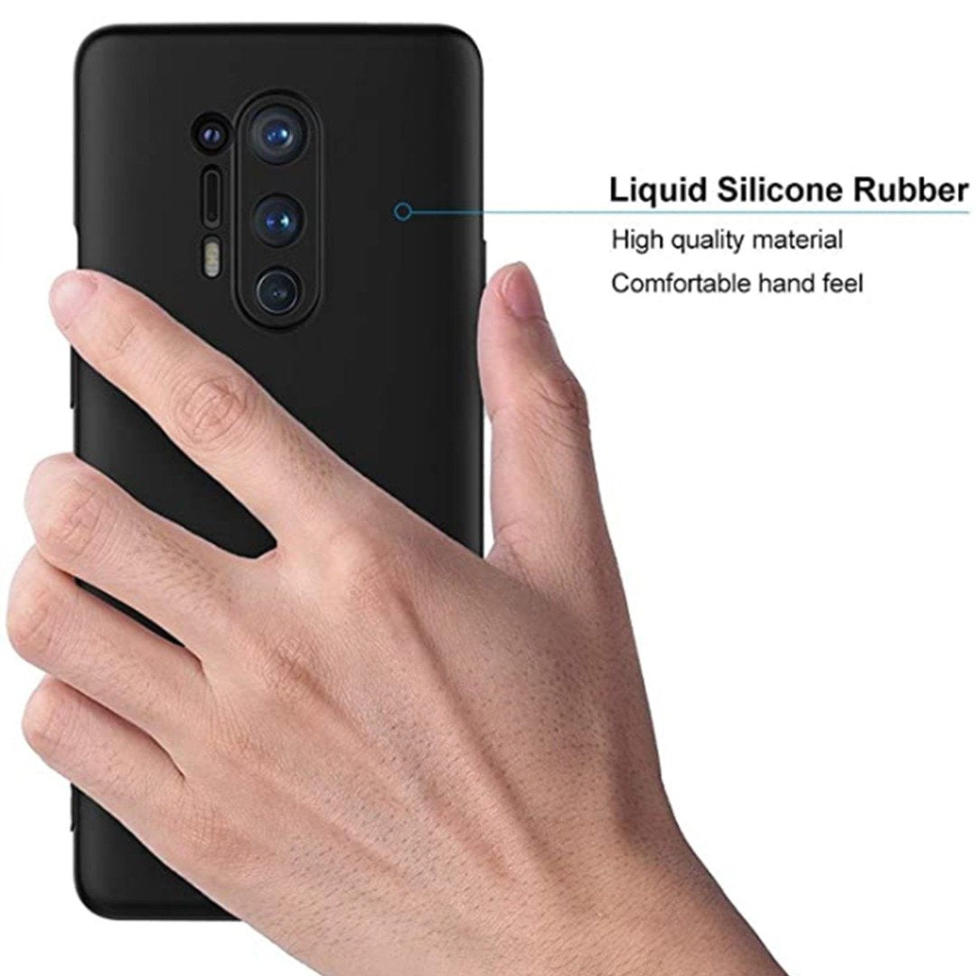 OnePlus 8 (3 in 1 Combo) Liquid Silicone Logo Case + Tempered Glass + Camera Lens Protector